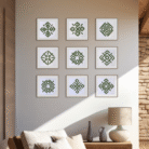 Nine embroidered-inspired symbols from the limited edition “Symbols of Nine” series by OSINSKA ART, displayed in a modern interior.
