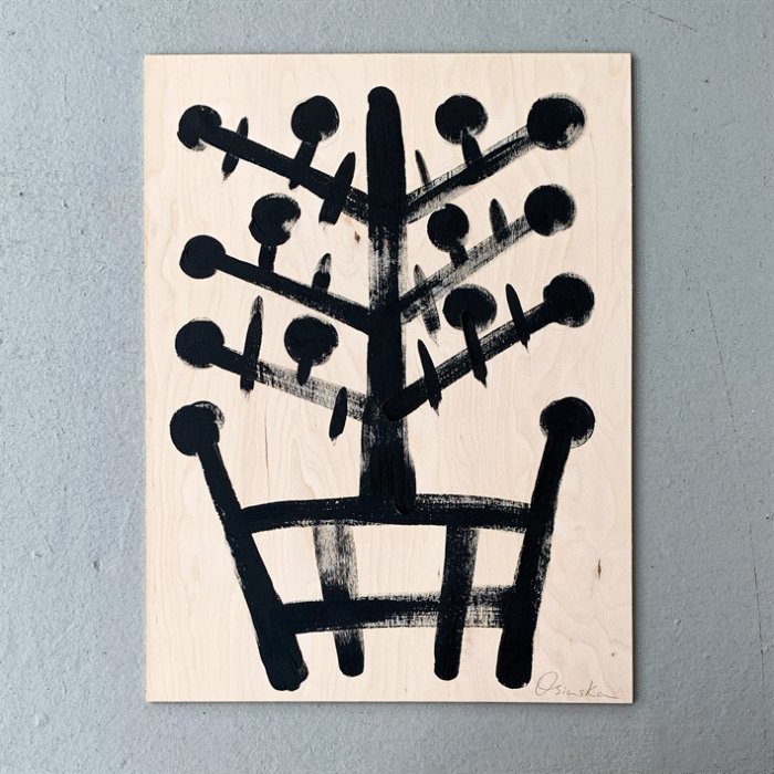 Roots of Protection №1 – Front View Roots of Protection №1 by Olena Osinska – Tree of Life symbol, black acrylic on natural wood panel