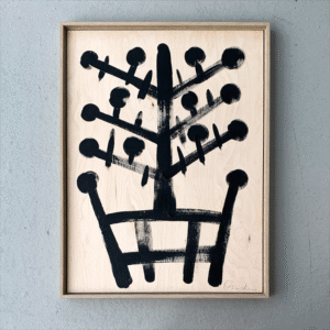 Roots of Protection №1 by Olena Osinska – Tree of Life symbol, black acrylic on natural wood panel